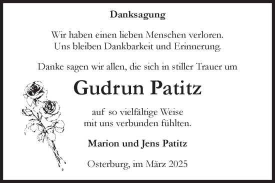 Traueranzeige von Gudrun Patitz von Volksstimme Altmark Ost
