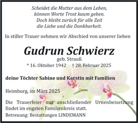 Traueranzeige von Gudrun Schwierz von Volksstimme Wernigerode
