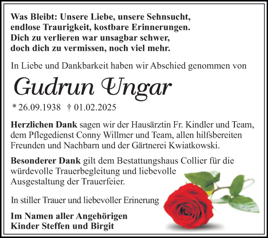 Traueranzeige von Gudrun Ungar von Trauerkombi Dessau