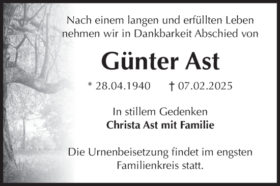Traueranzeige von Günter Ast von Volksstimme Magdeburg