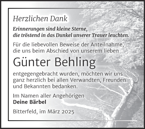 Traueranzeige von Günter Behling von Trauerkombi Bitterfeld