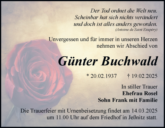 Traueranzeige von Günter Buchwald von Trauerkombi Bitterfeld