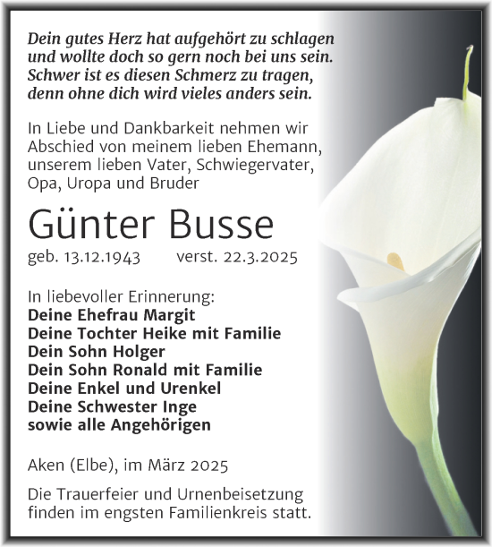 Traueranzeige von Günter Busse von Trauerkombi Köthen