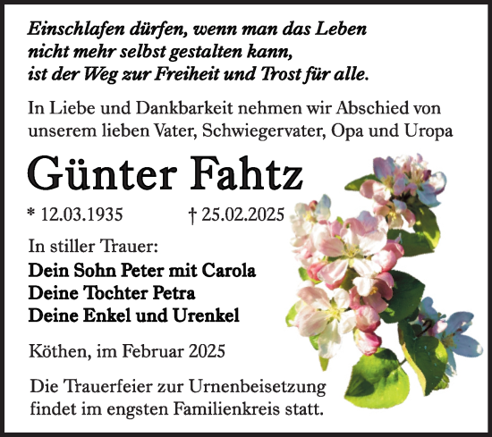 Traueranzeige von Günter  Fahtz von Trauerkombi Köthen