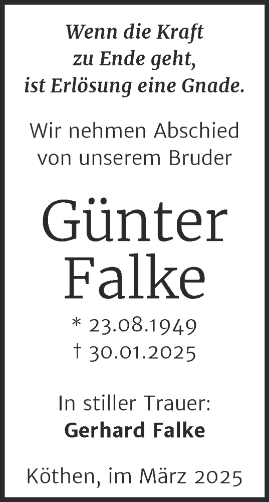 Traueranzeige von Günter Falke von Trauerkombi Köthen