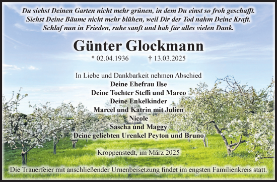 Traueranzeige von Günter Glockmann von Volksstimme Oschersleben/Wanzleben