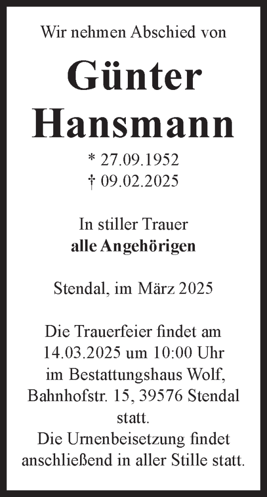 Traueranzeige von Günter Hansmann von Volksstimme Altmark Ost