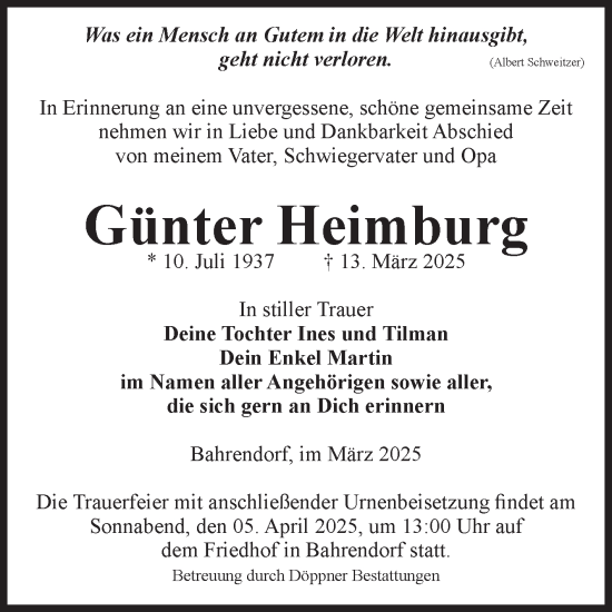 Traueranzeige von Günter Heimburg von Volksstimme Oschersleben/Wanzleben