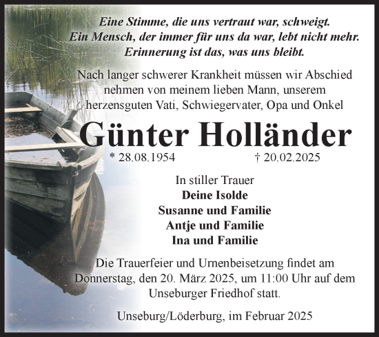 Traueranzeige von Günter Holländer von Volksstimme Staßfurt