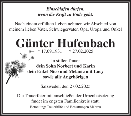 Traueranzeige von Günter Hufenbach von Volksstimme Altmark West