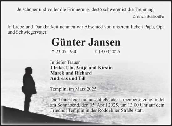 Traueranzeige von Günter Jansen von Volksstimme Altmark Ost