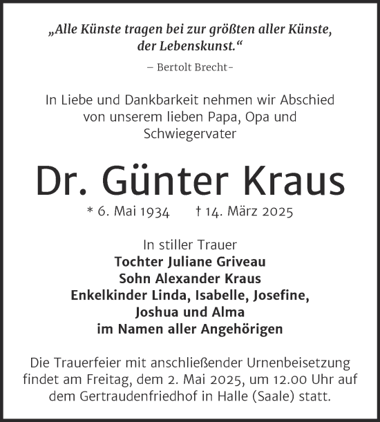 Traueranzeige von Günter Kraus von Mitteldeutsche Zeitung Halle/Saalkreis