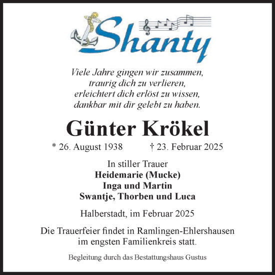 Traueranzeige von Günter Krökel von Volksstimme Halberstadt