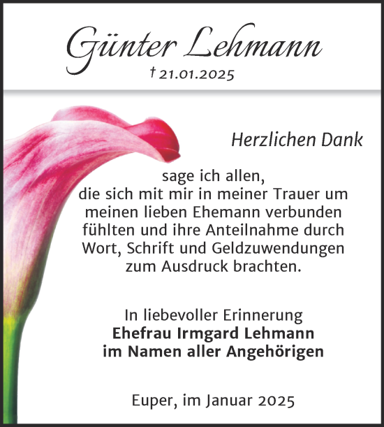 Traueranzeige von Günter Lehmann von Trauerkombi Wittenberg