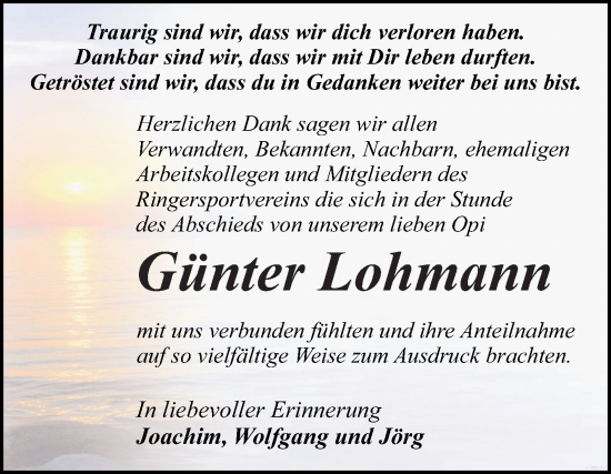 Traueranzeige von Günter Lohmann von Trauerkombi Dessau