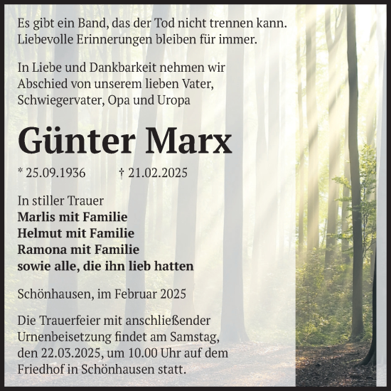 Traueranzeige von Günter Marx von Volksstimme Altmark Ost