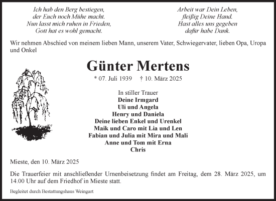 Traueranzeige von Günter Mertens von Volksstimme Altmark West