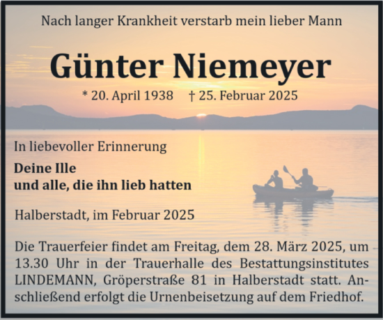 Traueranzeige von Günter Niemeyer von Volksstimme Halberstadt