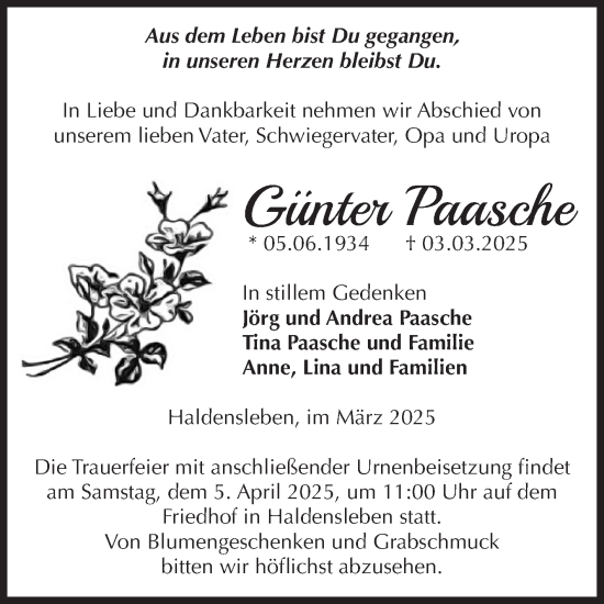 Traueranzeige von Günter Paasche von Volksstimme Haldensleben/Wolmirstedt