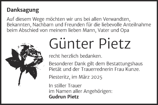 Traueranzeige von Günter Pietz von Trauerkombi Wittenberg