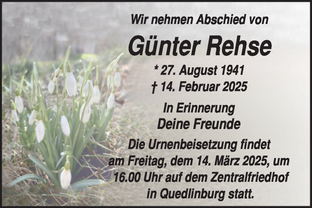  Traueranzeige für Günter Rehse vom 08.03.2025 aus Trauerkombi Quedlinburg