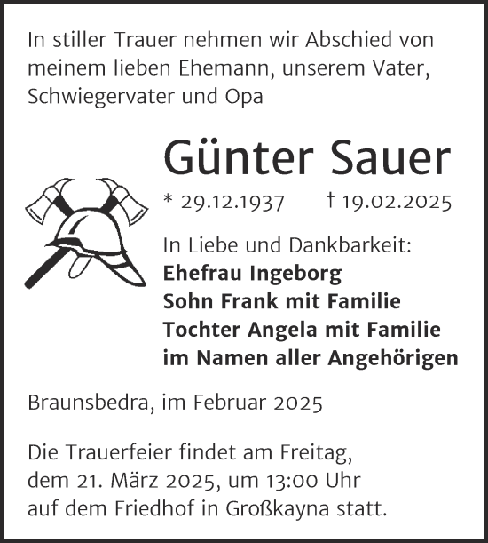 Traueranzeige von Günter Sauer von Trauerkombi Merseburg
