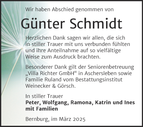 Traueranzeige von Günter Schmidt von Trauerkombi Bernburg