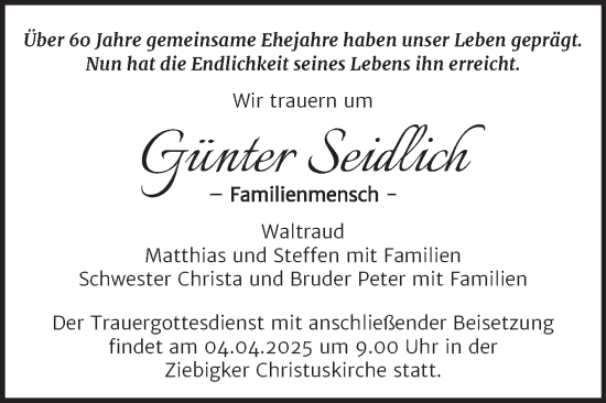 Traueranzeige von Günter Seidlich von Trauerkombi Dessau