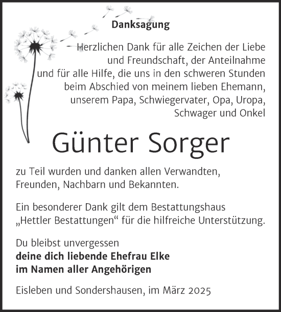 Traueranzeige von Günter Sorger von Trauerkombi Mansfelder Land