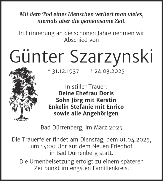 Traueranzeige von Günter Szarzynski von Trauerkombi Merseburg