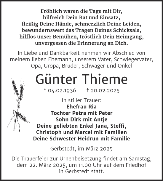 Traueranzeige von Günter Thieme von Trauerkombi Mansfelder Land
