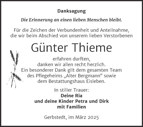 Traueranzeige von Günter Thieme von Trauerkombi Mansfelder Land