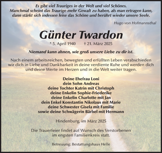Traueranzeige von Günter Twardon von Volksstimme Altmark Ost