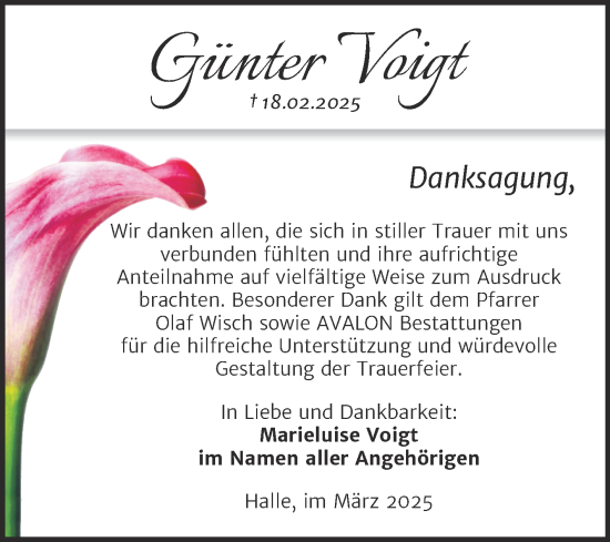 Traueranzeige von Günter Voigt von Mitteldeutsche Zeitung Halle/Saalkreis