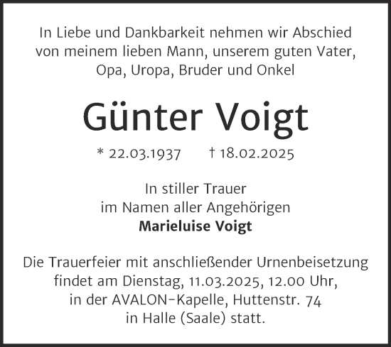 Traueranzeige von Günter Voigt von Mitteldeutsche Zeitung Halle/Saalkreis