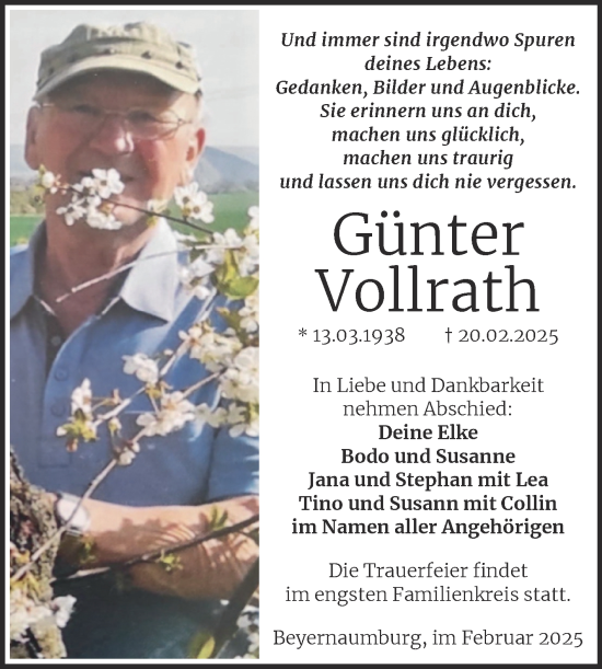 Traueranzeige von Günter Vollrath von Trauerkombi Sangerhausen