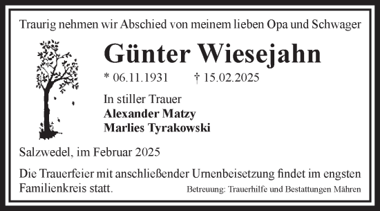 Traueranzeige von Günter Wiesejahn von Volksstimme Altmark West