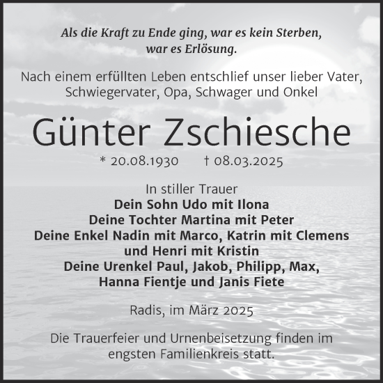 Traueranzeige von Günter Zschiesche von Trauerkombi Wittenberg