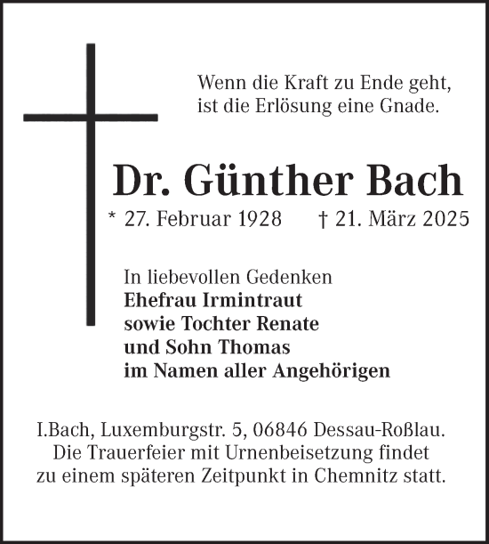 Traueranzeige von Günther Bach von Mitteldeutsche Zeitung Dessau-Roßlau