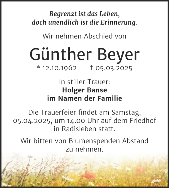 Traueranzeige von Günther Beyer von Trauerkombi Quedlinburg