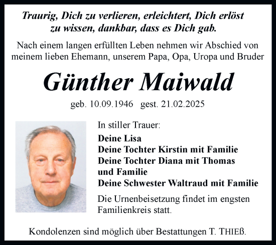 Traueranzeige von Günther Maiwald von Trauerkombi Quedlinburg