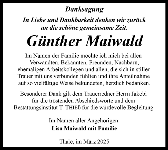 Traueranzeige von Günther Maiwald von Trauerkombi Quedlinburg