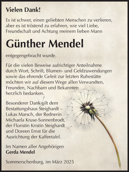 Traueranzeige von Günther Mendel von Volksstimme Oschersleben/Wanzleben
