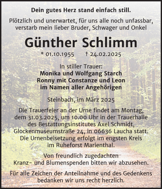 Traueranzeige von Günther Schlimm von Naumburger Tageblatt