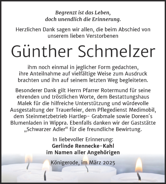 Traueranzeige von Günther Schmelzer von Trauerkombi Quedlinburg