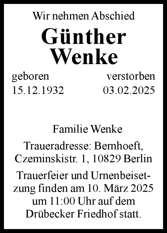 Traueranzeige von Günther Wenke von Volksstimme Magdeburg