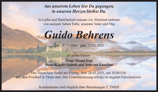 Traueranzeige von Guido Behrens von Trauerkombi Quedlinburg