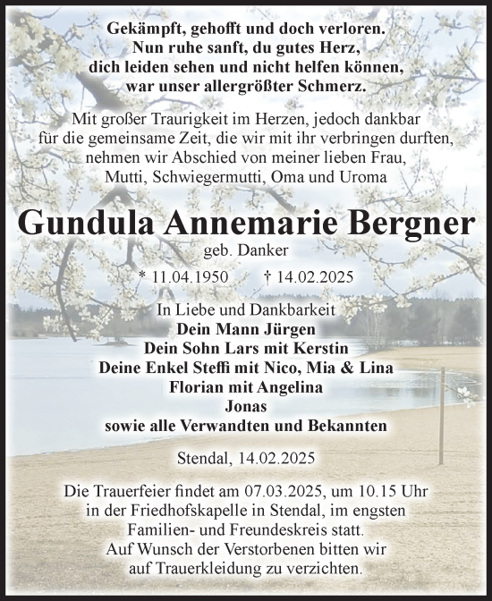 Traueranzeige von Gundula Annemarie Bergner von Volksstimme Haldensleben/Wolmirstedt