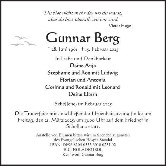 Traueranzeige von Gunnar Berg von Volksstimme Altmark Ost