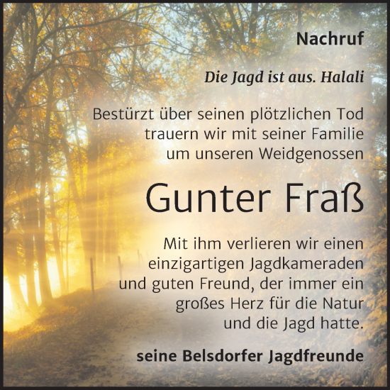 Traueranzeige von Gunter Fraß von Volksstimme Haldensleben/Wolmirstedt